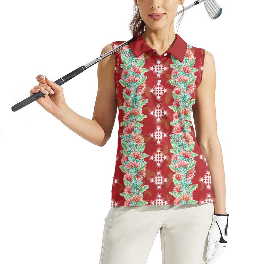 Hawaii Ohia Lehua Women Sleeveless Polo Shirt Tropical Vibes Crimson
