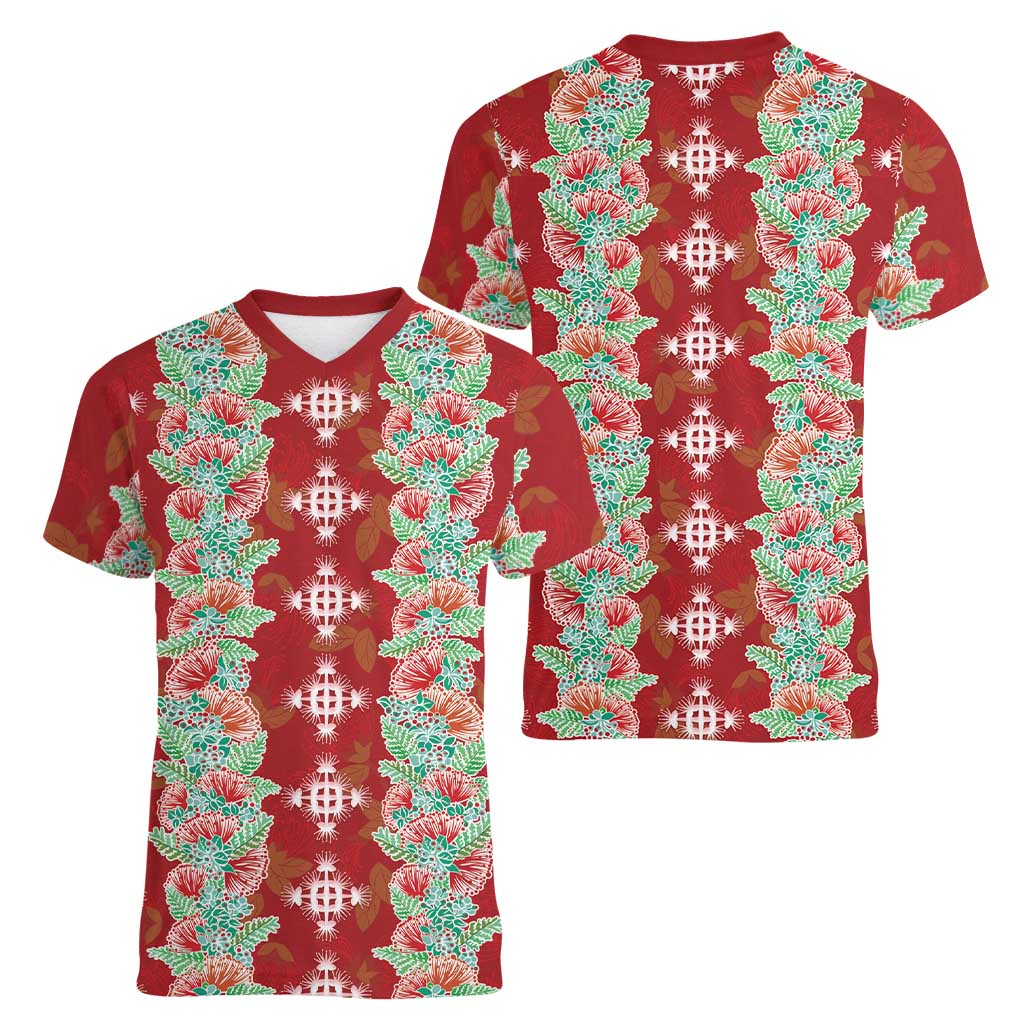 Hawaii Ohia Lehua Women V-Neck T-Shirt Tropical Vibes Crimson