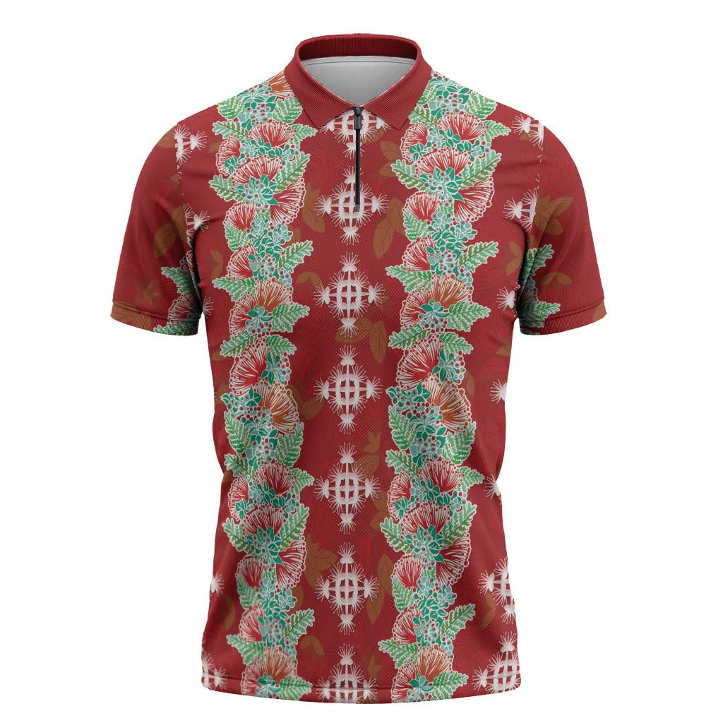 Hawaii Ohia Lehua Zipper Polo Shirt Tropical Vibes Crimson