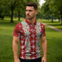 Hawaii Ohia Lehua Zipper Polo Shirt Tropical Vibes Crimson
