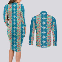 Hawaii Ohia Lehua Couples Matching Long Sleeve Bodycon Dress and Long Sleeve Button Shirt Tropical Vibes Teal