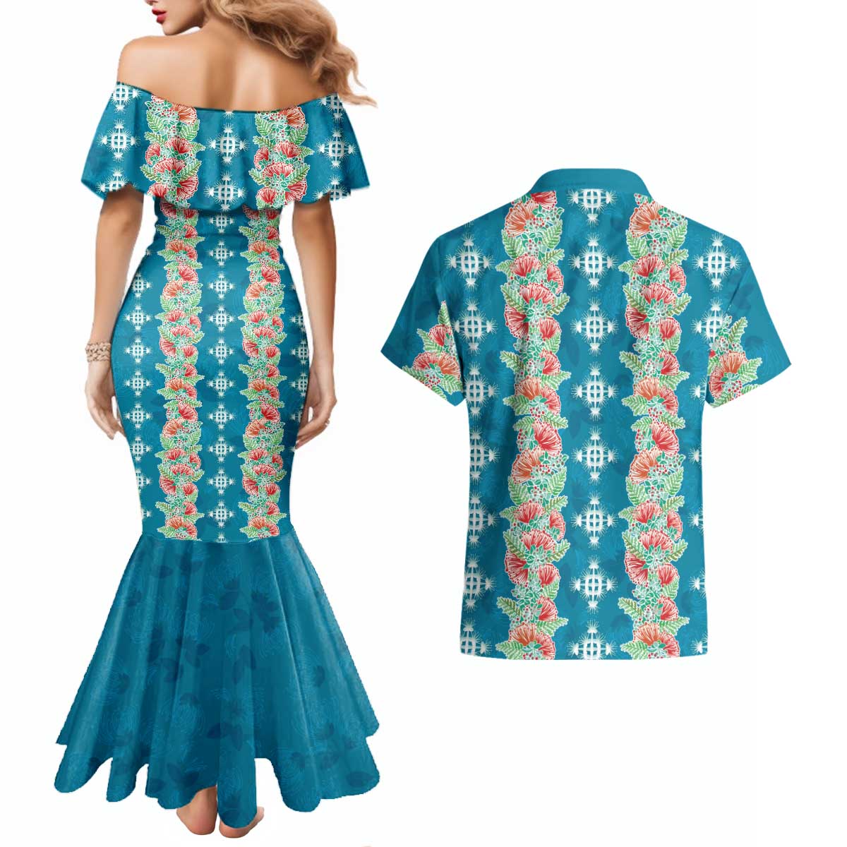 Hawaii Ohia Lehua Couples Matching Mermaid Dress and Hawaiian Shirt Tropical Vibes Teal