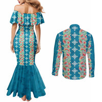Hawaii Ohia Lehua Couples Matching Mermaid Dress and Long Sleeve Button Shirt Tropical Vibes Teal