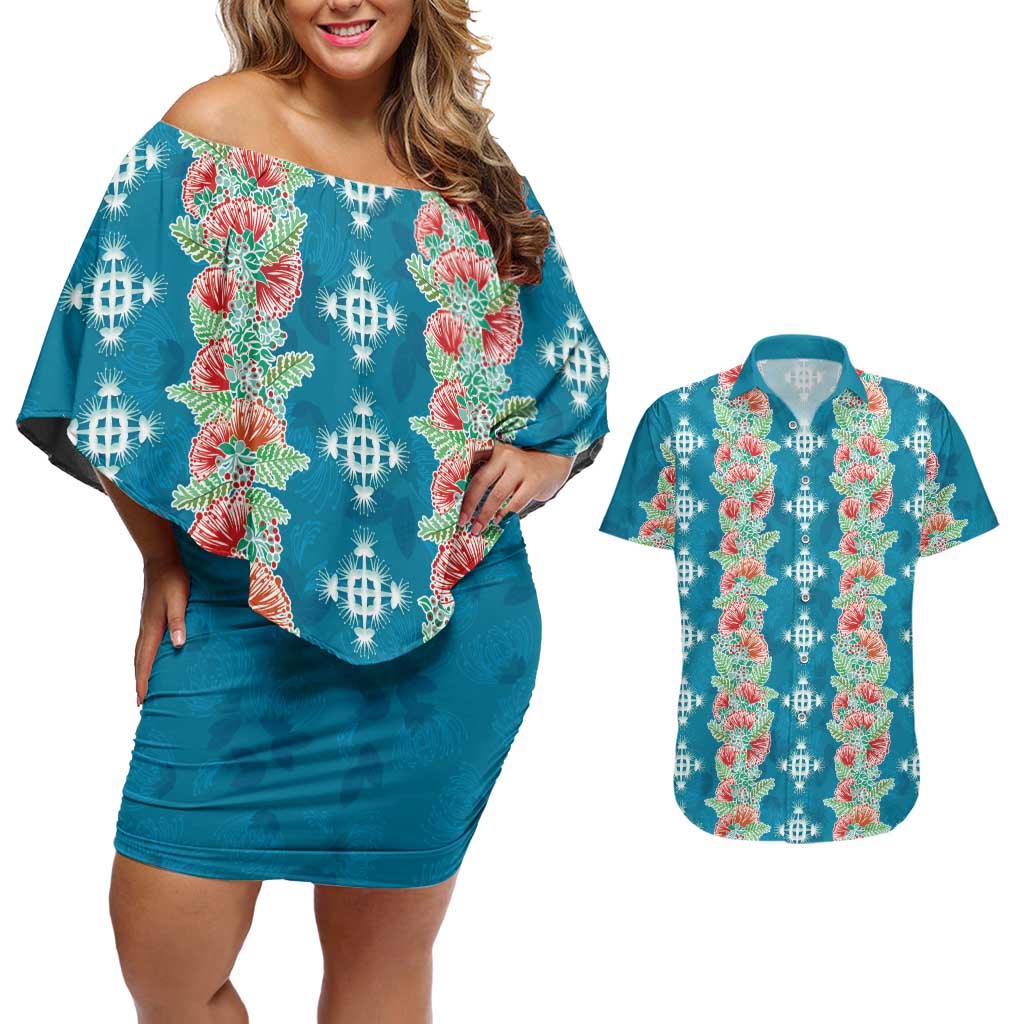 Hawaii Ohia Lehua Couples Matching Off Shoulder Short Dress and Hawaiian Shirt Tropical Vibes Teal