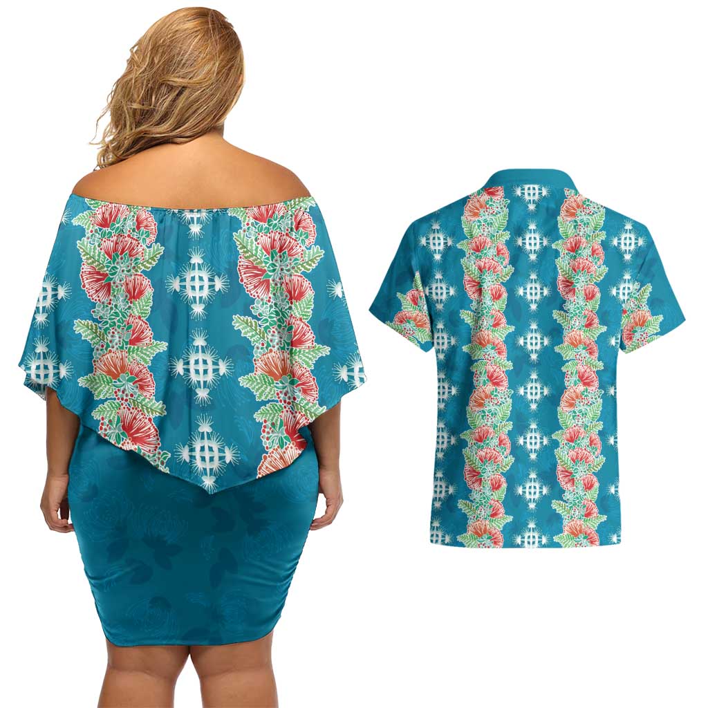 Hawaii Ohia Lehua Couples Matching Off Shoulder Short Dress and Hawaiian Shirt Tropical Vibes Teal