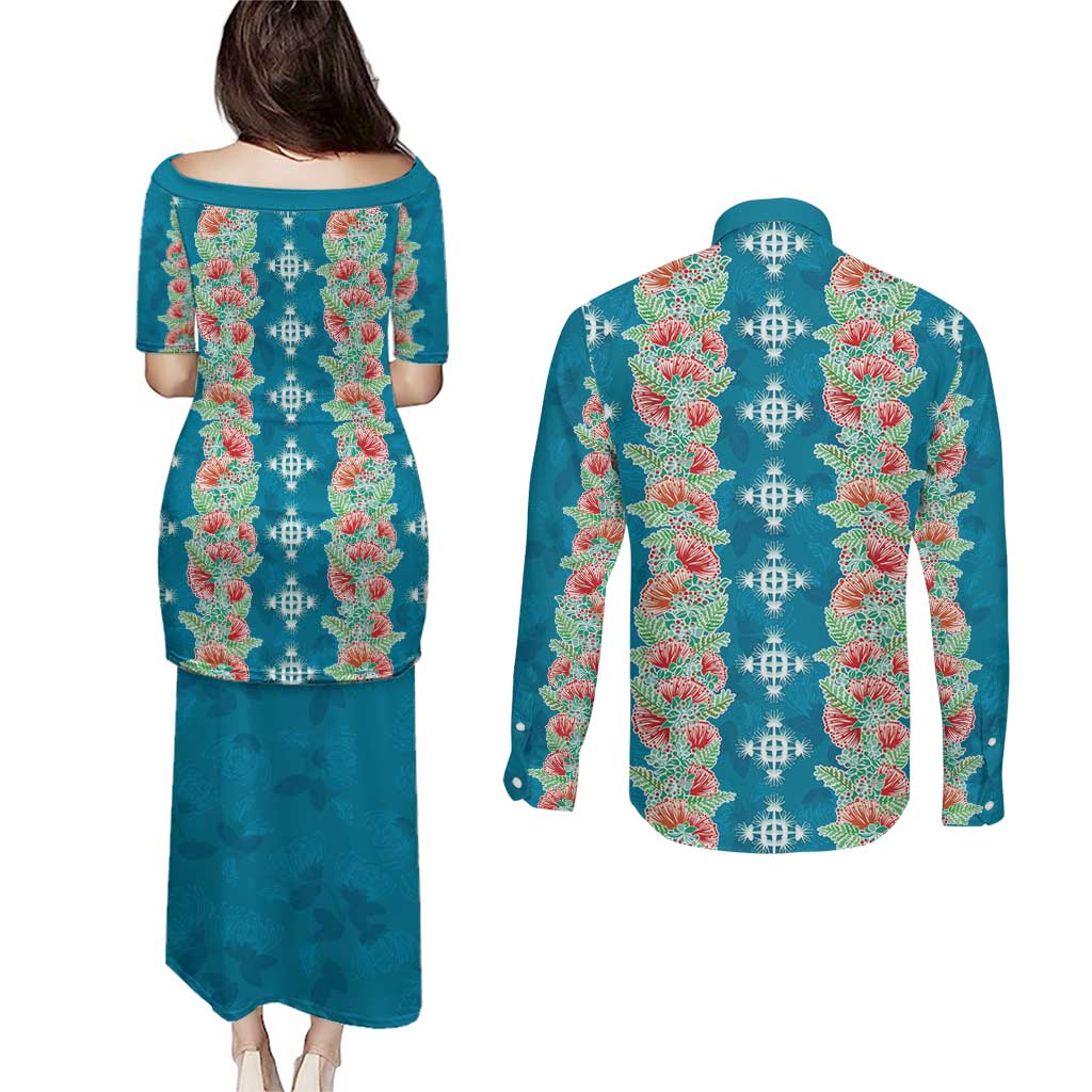 Hawaii Ohia Lehua Couples Matching Puletasi and Long Sleeve Button Shirt Tropical Vibes Teal