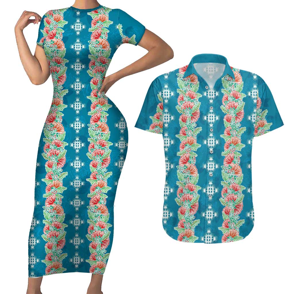 Hawaii Ohia Lehua Couples Matching Short Sleeve Bodycon Dress and Hawaiian Shirt Tropical Vibes Teal