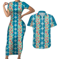 Hawaii Ohia Lehua Couples Matching Short Sleeve Bodycon Dress and Hawaiian Shirt Tropical Vibes Teal LT05 Teal - Polynesian Pride