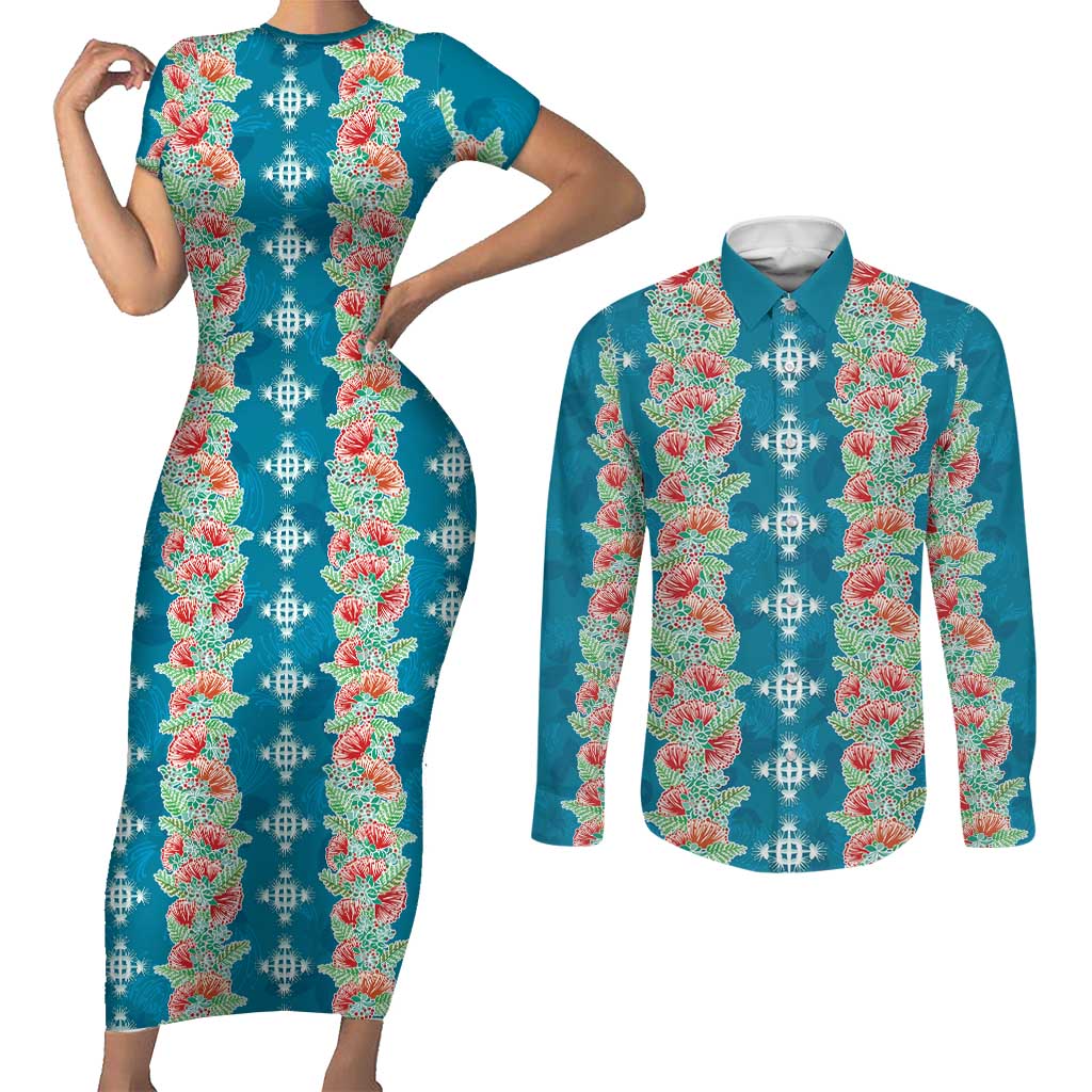 Hawaii Ohia Lehua Couples Matching Short Sleeve Bodycon Dress and Long Sleeve Button Shirt Tropical Vibes Teal