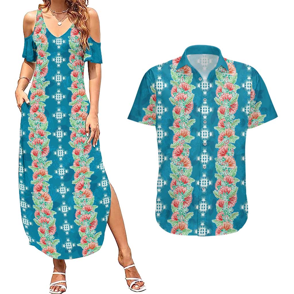 Hawaii Ohia Lehua Couples Matching Summer Maxi Dress and Hawaiian Shirt Tropical Vibes Teal