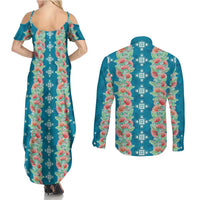 Hawaii Ohia Lehua Couples Matching Summer Maxi Dress and Long Sleeve Button Shirt Tropical Vibes Teal LT05 - Polynesian Pride