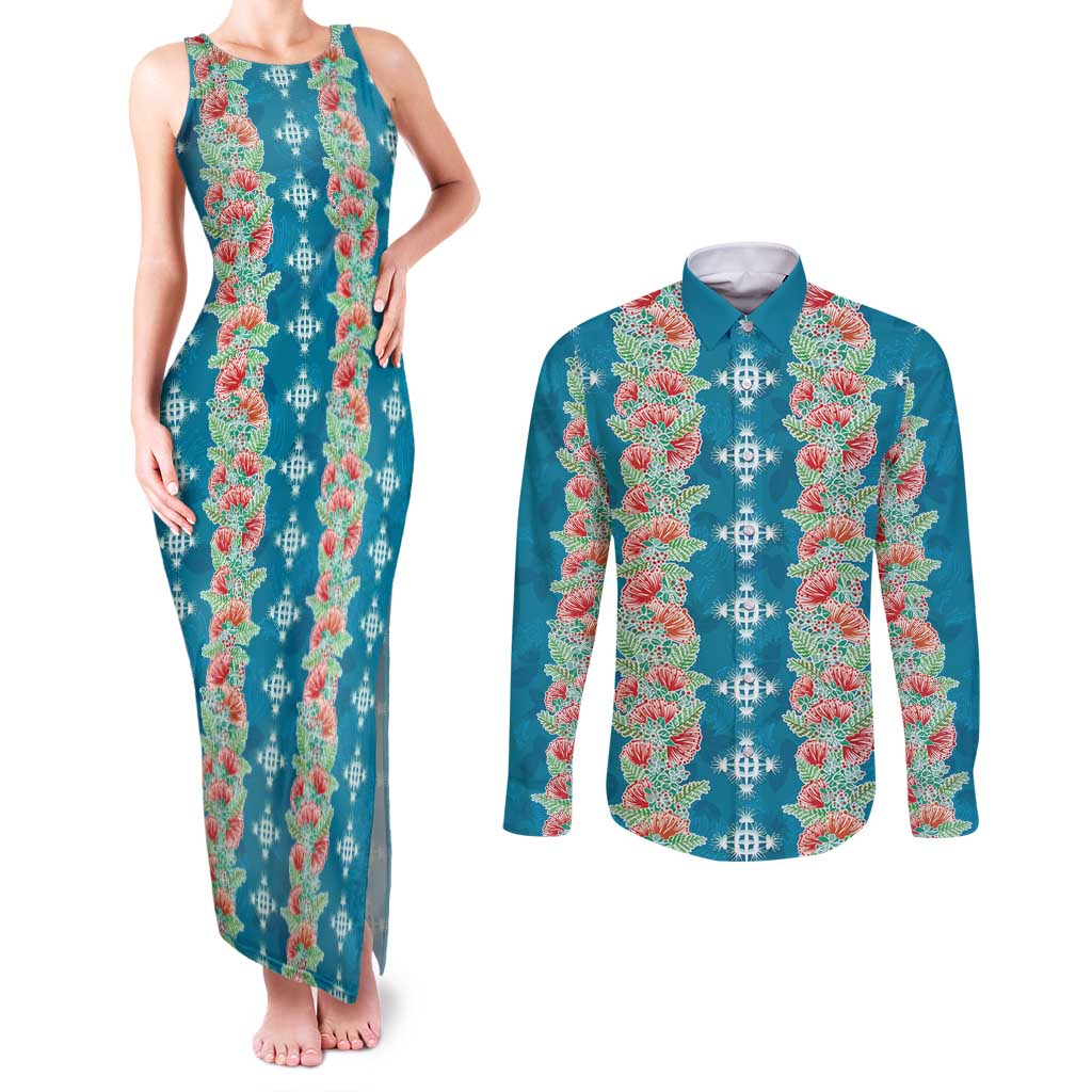 Hawaii Ohia Lehua Couples Matching Tank Maxi Dress and Long Sleeve Button Shirt Tropical Vibes Teal