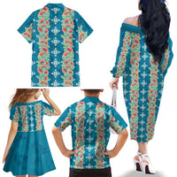 Hawaii Ohia Lehua Family Matching Off The Shoulder Long Sleeve Dress and Hawaiian Shirt Tropical Vibes Teal LT05 - Polynesian Pride