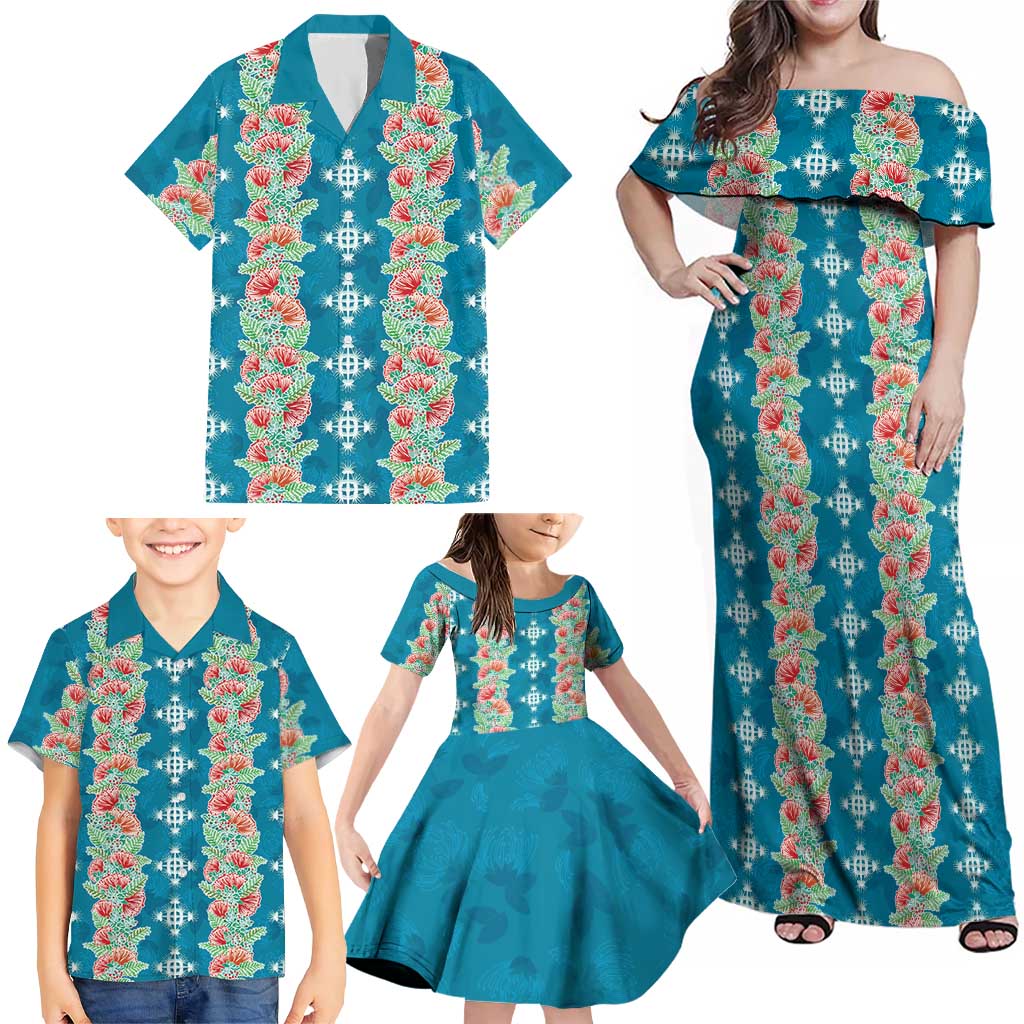 Hawaii Ohia Lehua Family Matching Off Shoulder Maxi Dress and Hawaiian Shirt Tropical Vibes Teal LT05 - Polynesian Pride