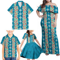 Hawaii Ohia Lehua Family Matching Off Shoulder Maxi Dress and Hawaiian Shirt Tropical Vibes Teal LT05 - Polynesian Pride