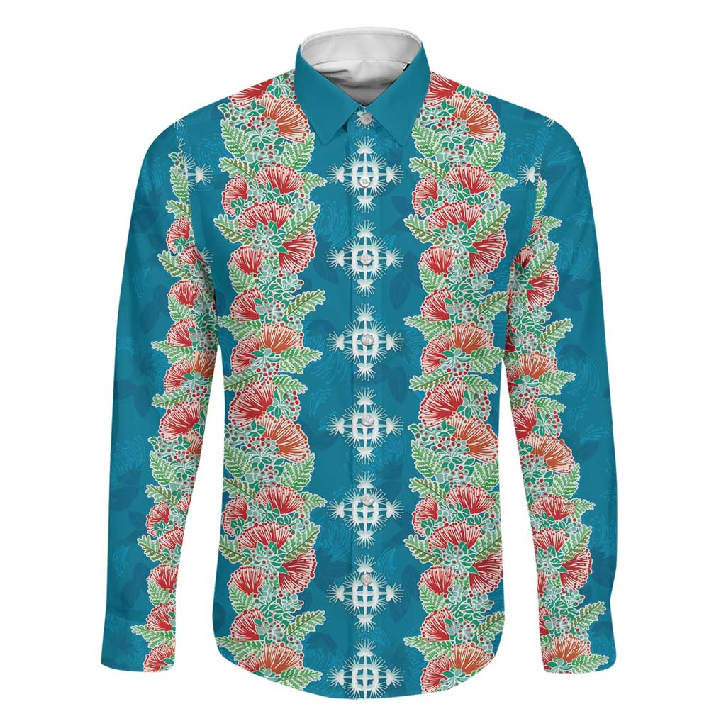 Hawaii Ohia Lehua Family Matching Off Shoulder Maxi Dress and Hawaiian Shirt Tropical Vibes Teal LT05 Dad's Shirt - Long Sleeve Teal - Polynesian Pride