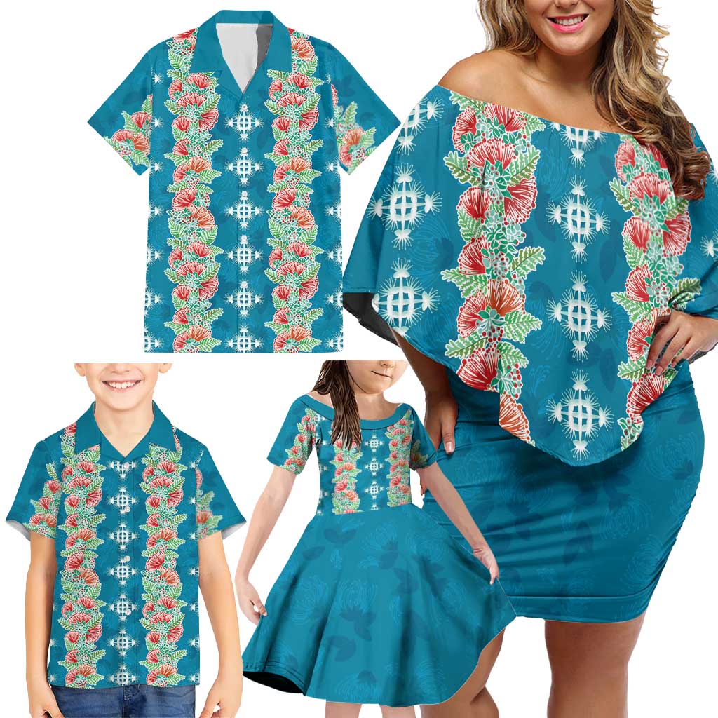 Hawaii Ohia Lehua Family Matching Off Shoulder Short Dress and Hawaiian Shirt Tropical Vibes Teal LT05 - Polynesian Pride