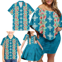 Hawaii Ohia Lehua Family Matching Off Shoulder Short Dress and Hawaiian Shirt Tropical Vibes Teal LT05 - Polynesian Pride
