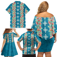 Hawaii Ohia Lehua Family Matching Off Shoulder Short Dress and Hawaiian Shirt Tropical Vibes Teal LT05 - Polynesian Pride