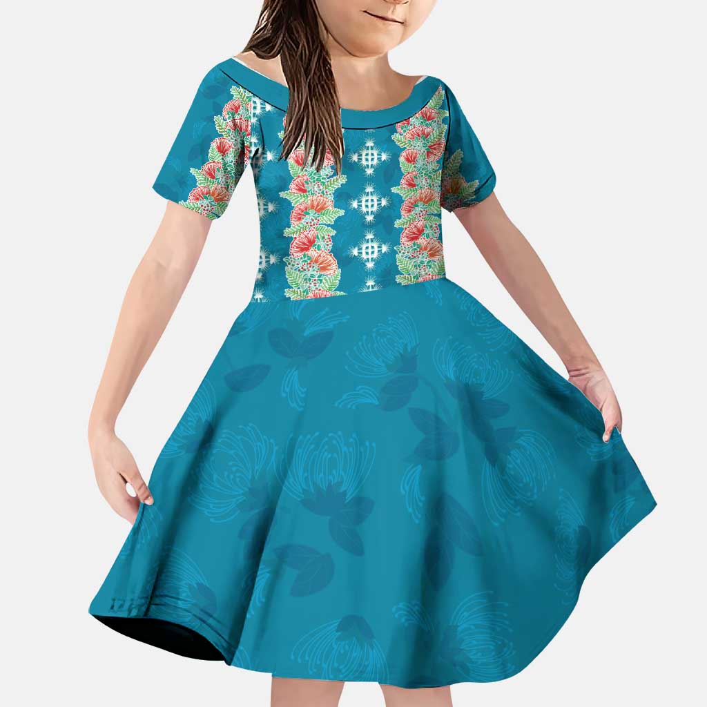 Hawaii Ohia Lehua Family Matching Short Sleeve Bodycon Dress and Hawaiian Shirt Tropical Vibes Teal LT05 Daughter's Dress Teal - Polynesian Pride
