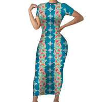 Hawaii Ohia Lehua Family Matching Short Sleeve Bodycon Dress and Hawaiian Shirt Tropical Vibes Teal LT05 Mom's Dress Teal - Polynesian Pride