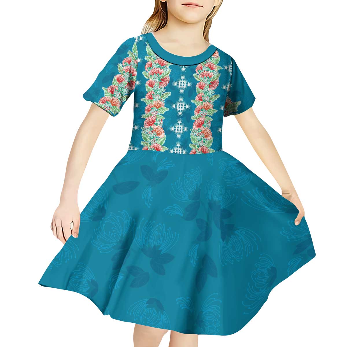 Hawaii Ohia Lehua Kid Short Sleeve Dress Tropical Vibes Teal