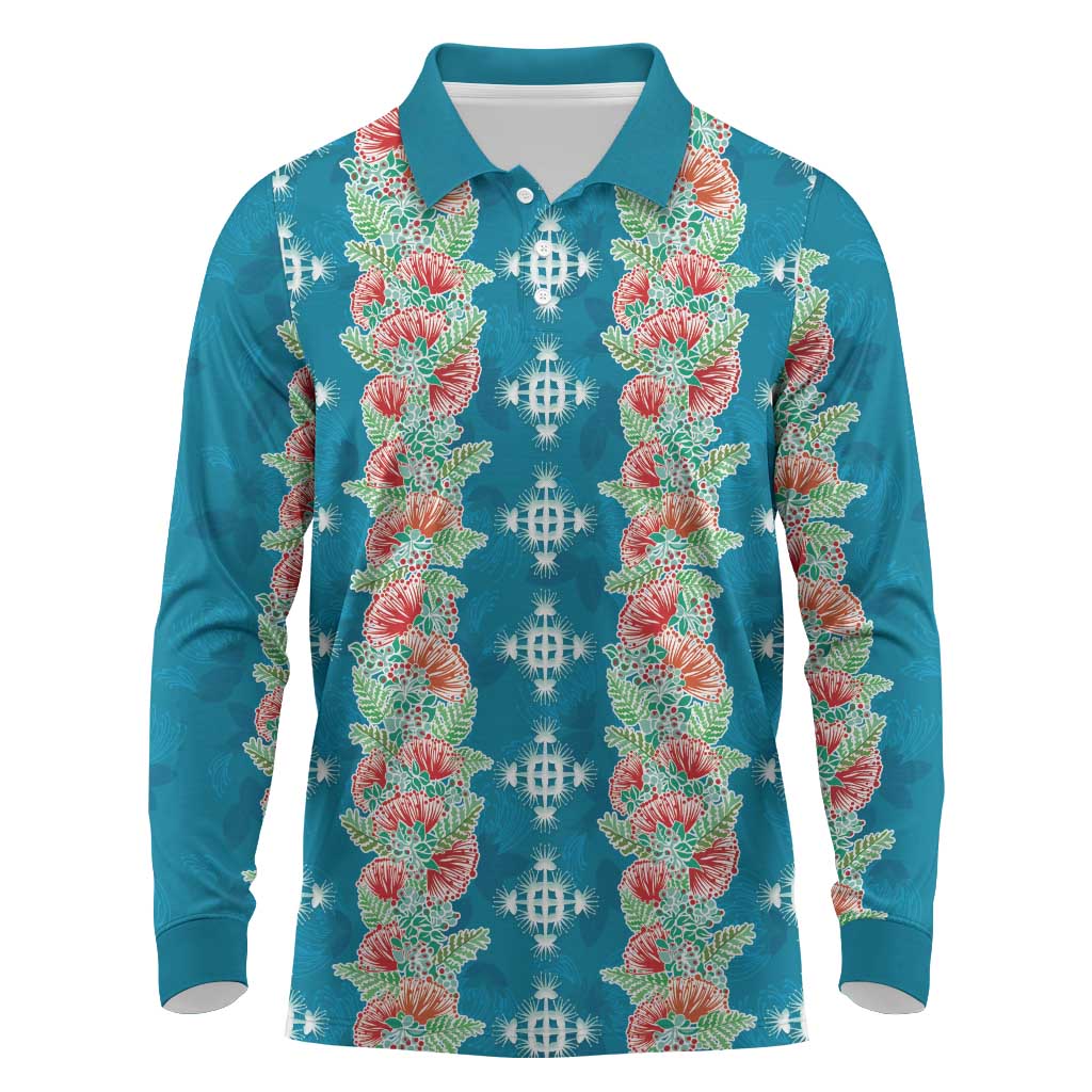 Hawaii Ohia Lehua Long Sleeve Polo Shirt Tropical Vibes Teal