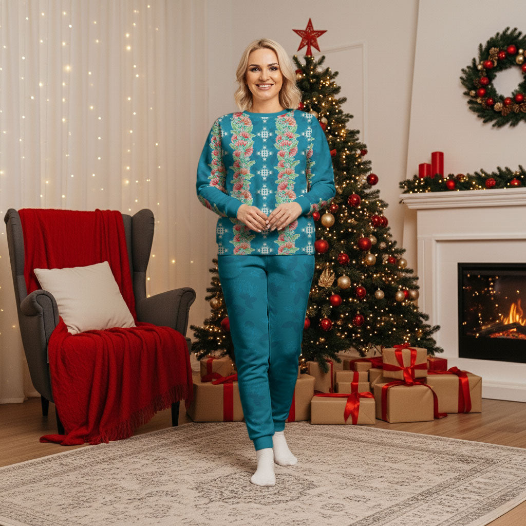 Hawaii Ohia Lehua Christmas Pajama Set Tropical Vibes Teal LT05 Women Teal - Polynesian Pride