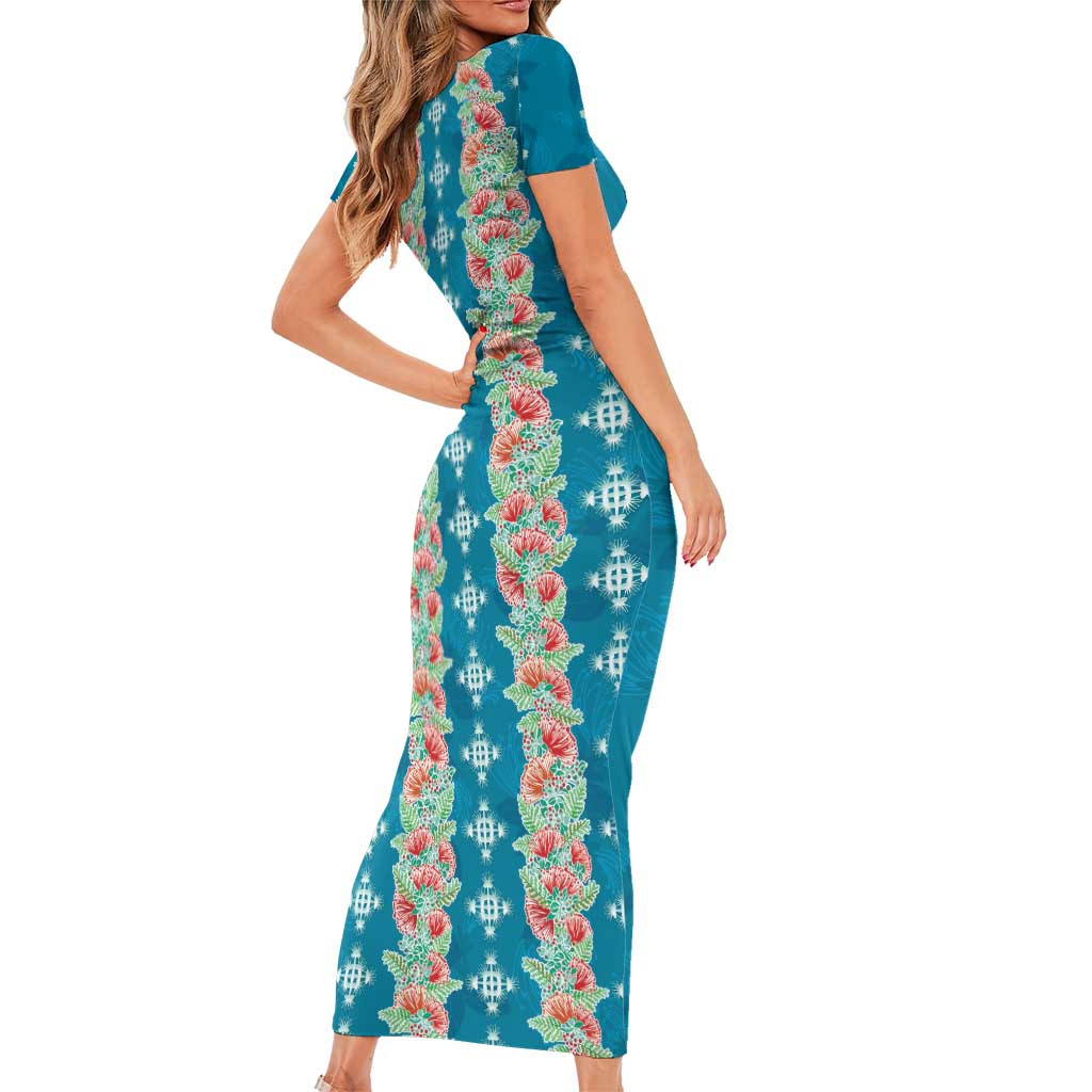 Hawaii Ohia Lehua Short Sleeve Bodycon Dress Tropical Vibes Teal