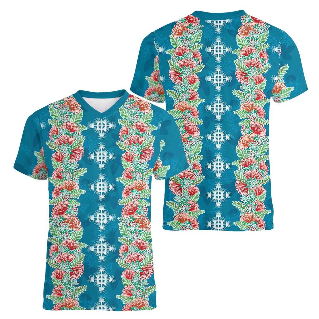 Hawaii Ohia Lehua Women V-Neck T-Shirt Tropical Vibes Teal