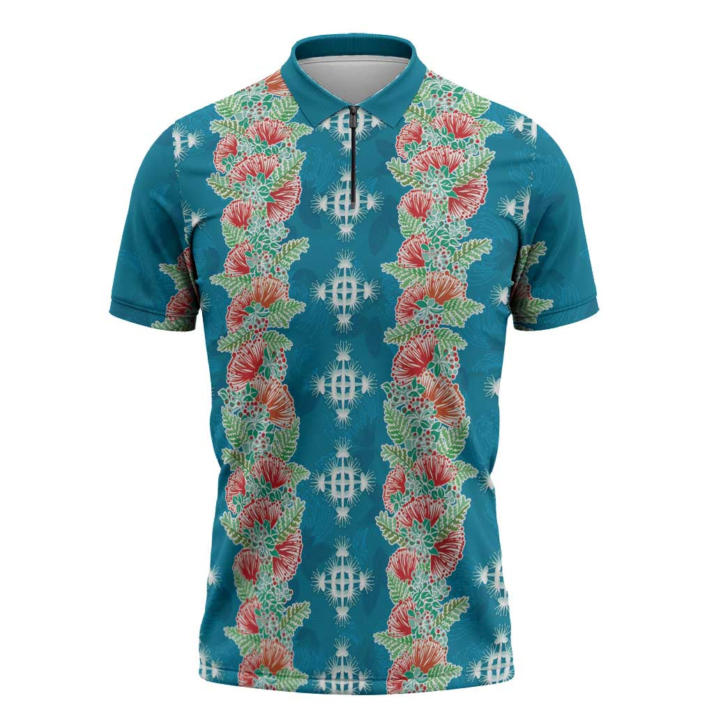 Hawaii Ohia Lehua Zipper Polo Shirt Tropical Vibes Teal