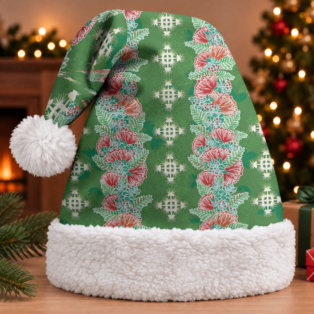 Hawaii Ohia Lehua Christmas Santa Hat Tropical Vibes Green LT05 With Fur Green - Polynesian Pride