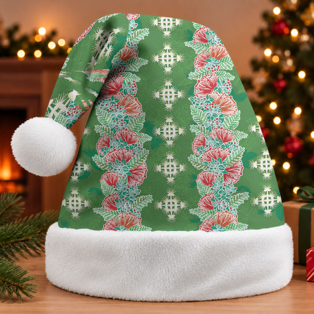 Hawaii Ohia Lehua Christmas Santa Hat Tropical Vibes Green LT05 Without Fur Green - Polynesian Pride