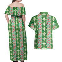 Hawaii Ohia Lehua Couples Matching Off Shoulder Maxi Dress and Hawaiian Shirt Tropical Vibes Green