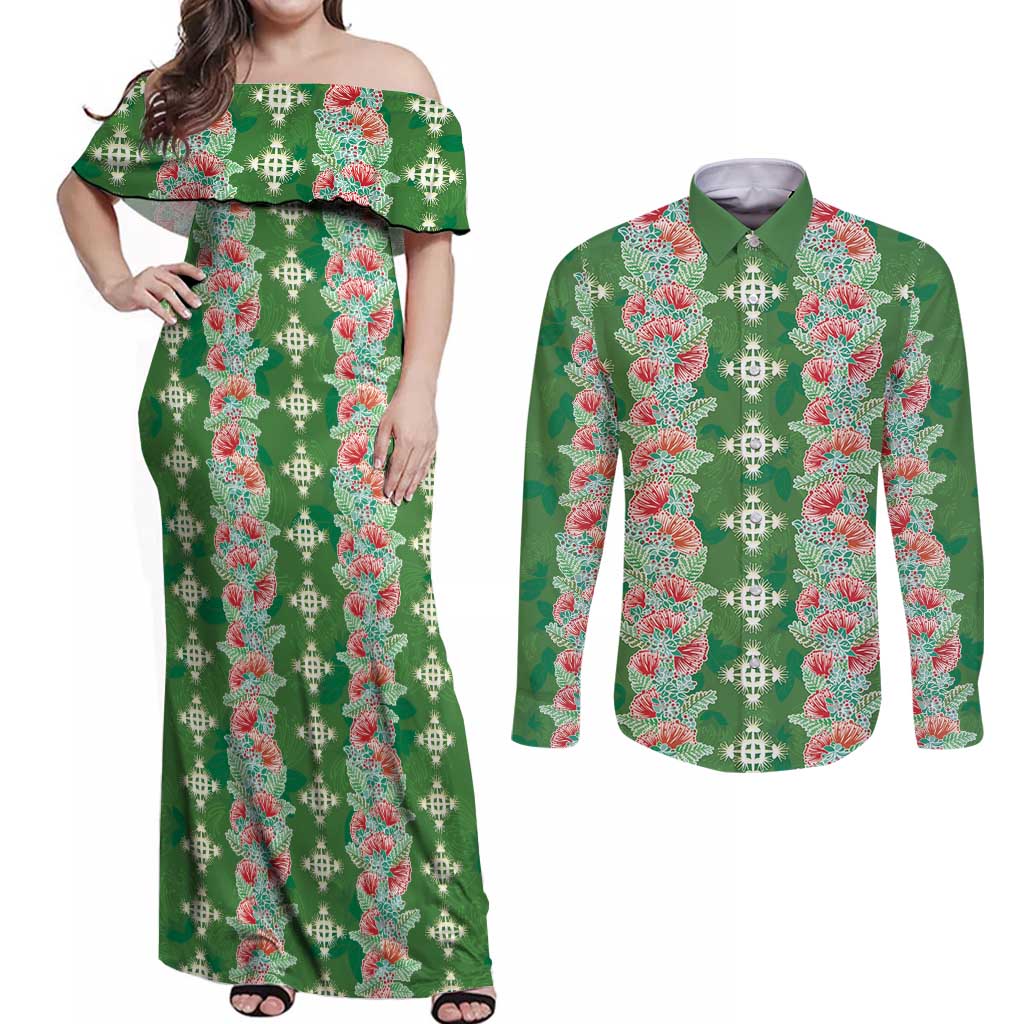 Hawaii Ohia Lehua Couples Matching Off Shoulder Maxi Dress and Long Sleeve Button Shirt Tropical Vibes Green