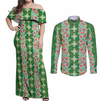 Hawaii Ohia Lehua Couples Matching Off Shoulder Maxi Dress and Long Sleeve Button Shirt Tropical Vibes Green