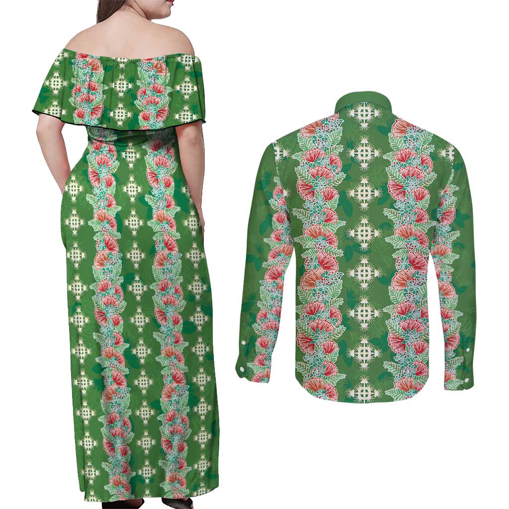 Hawaii Ohia Lehua Couples Matching Off Shoulder Maxi Dress and Long Sleeve Button Shirt Tropical Vibes Green