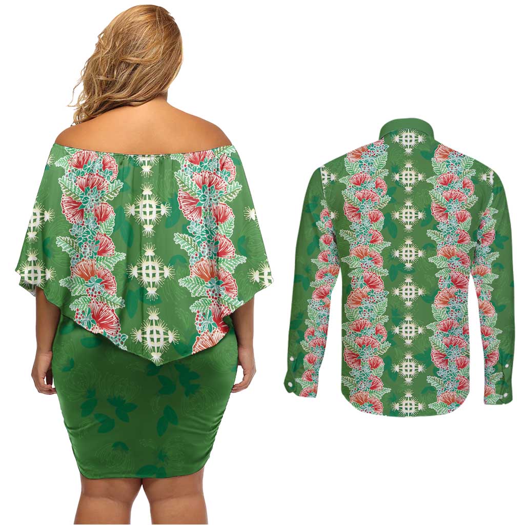 Hawaii Ohia Lehua Couples Matching Off Shoulder Short Dress and Long Sleeve Button Shirt Tropical Vibes Green