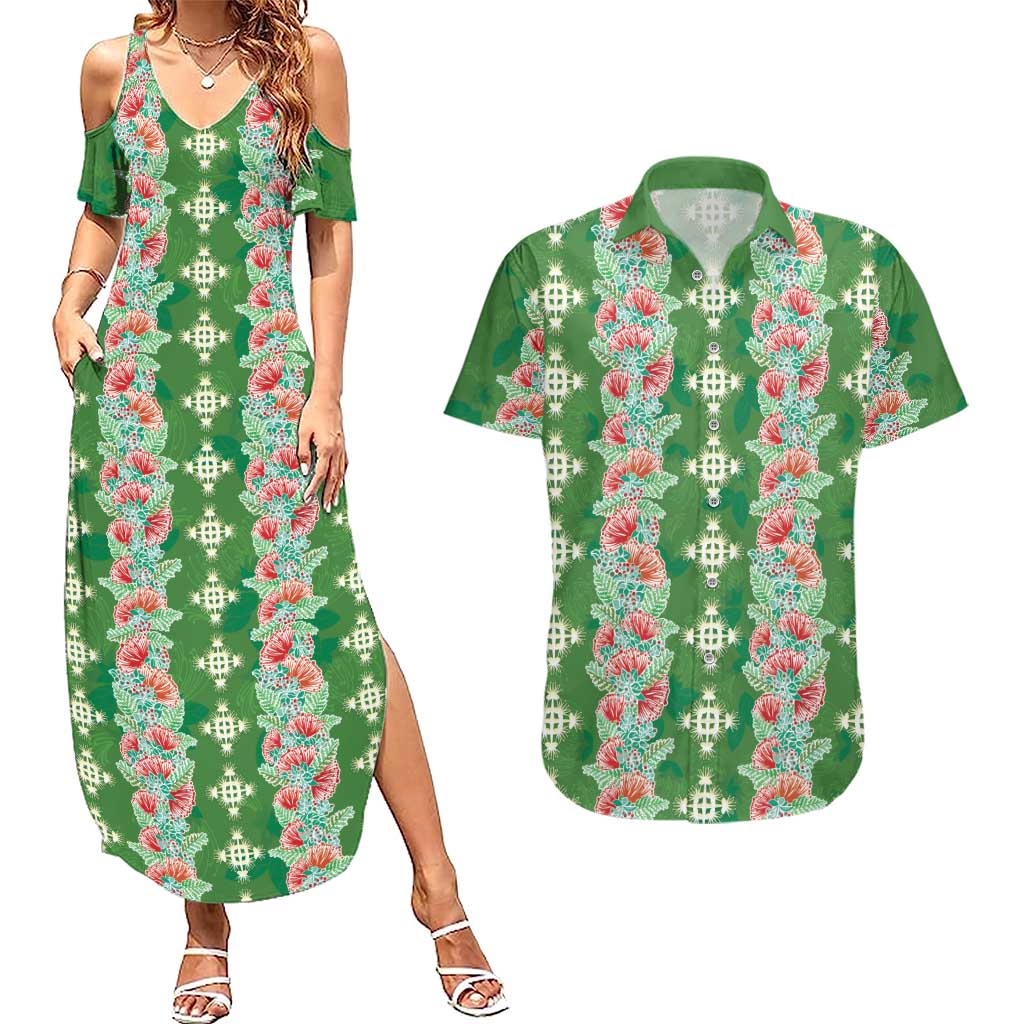 Hawaii Ohia Lehua Couples Matching Summer Maxi Dress and Hawaiian Shirt Tropical Vibes Green