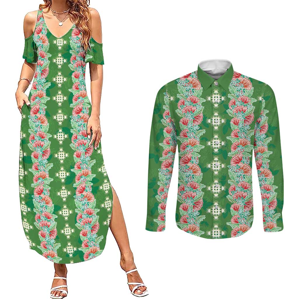 Hawaii Ohia Lehua Couples Matching Summer Maxi Dress and Long Sleeve Button Shirt Tropical Vibes Green