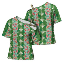 Hawaii Ohia Lehua Cross Shoulder Shirt Tropical Vibes Green