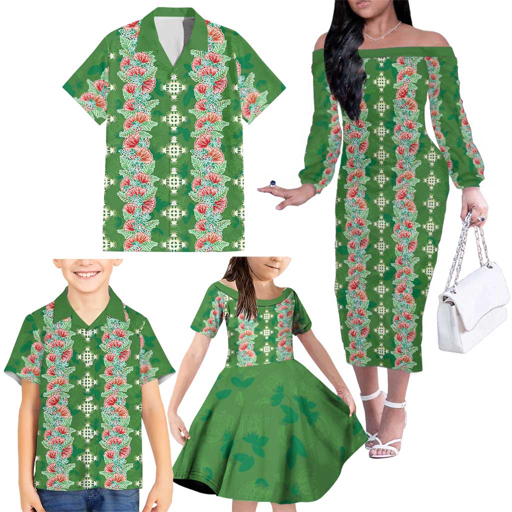 Hawaii Ohia Lehua Family Matching Off The Shoulder Long Sleeve Dress and Hawaiian Shirt Tropical Vibes Green LT05 - Polynesian Pride