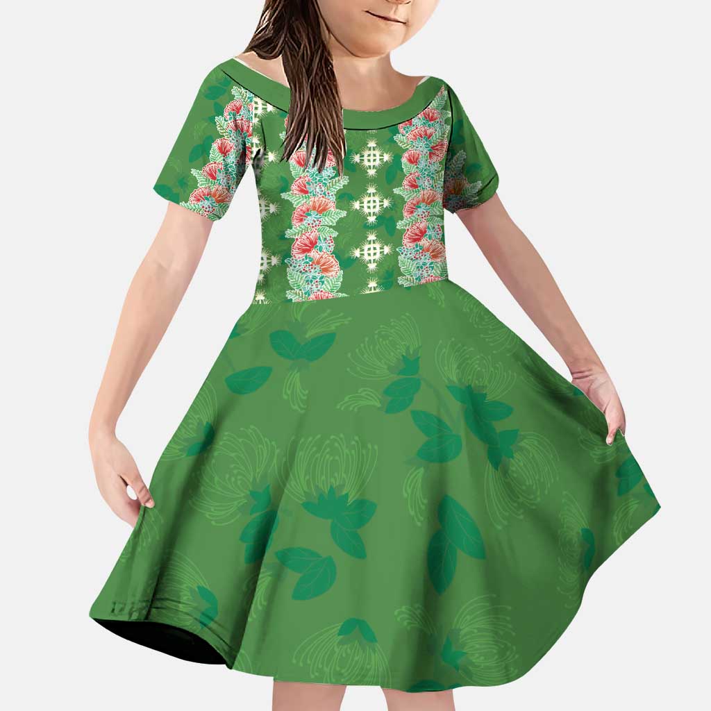 Hawaii Ohia Lehua Family Matching Off Shoulder Short Dress and Hawaiian Shirt Tropical Vibes Green LT05 Daughter's Dress Green - Polynesian Pride