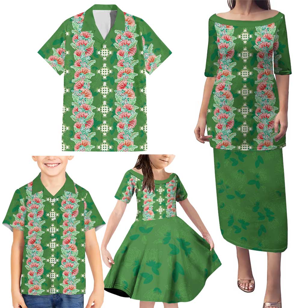 Hawaii Ohia Lehua Family Matching Puletasi and Hawaiian Shirt Tropical Vibes Green