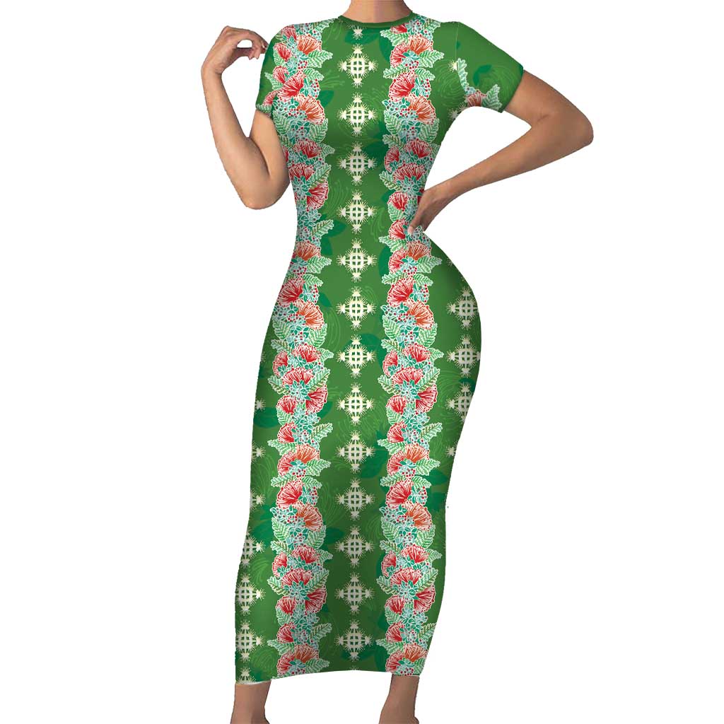 Hawaii Ohia Lehua Short Sleeve Bodycon Dress Tropical Vibes Green