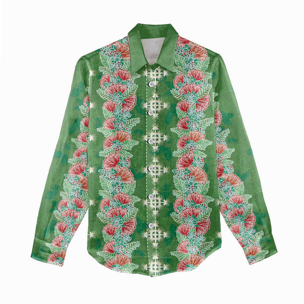 Hawaii Ohia Lehua Women Casual Shirt Tropical Vibes Green