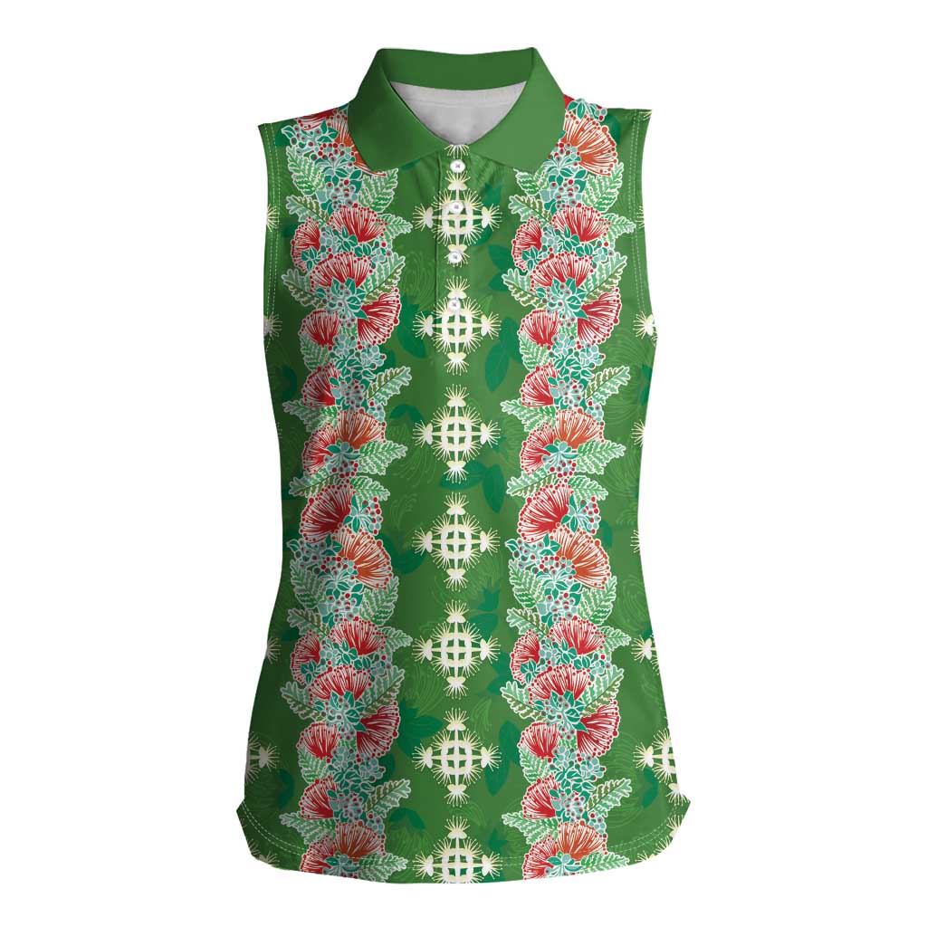 Hawaii Ohia Lehua Women Sleeveless Polo Shirt Tropical Vibes Green