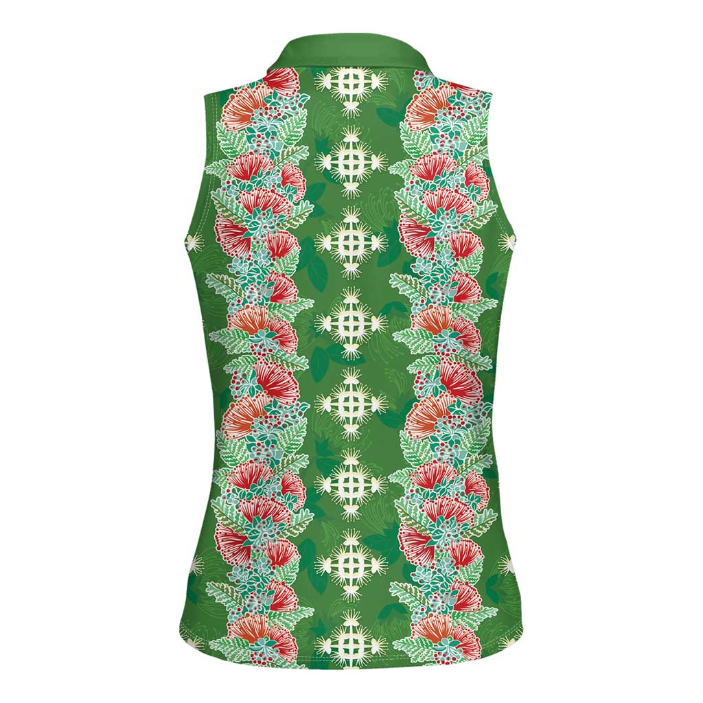 Hawaii Ohia Lehua Women Sleeveless Polo Shirt Tropical Vibes Green