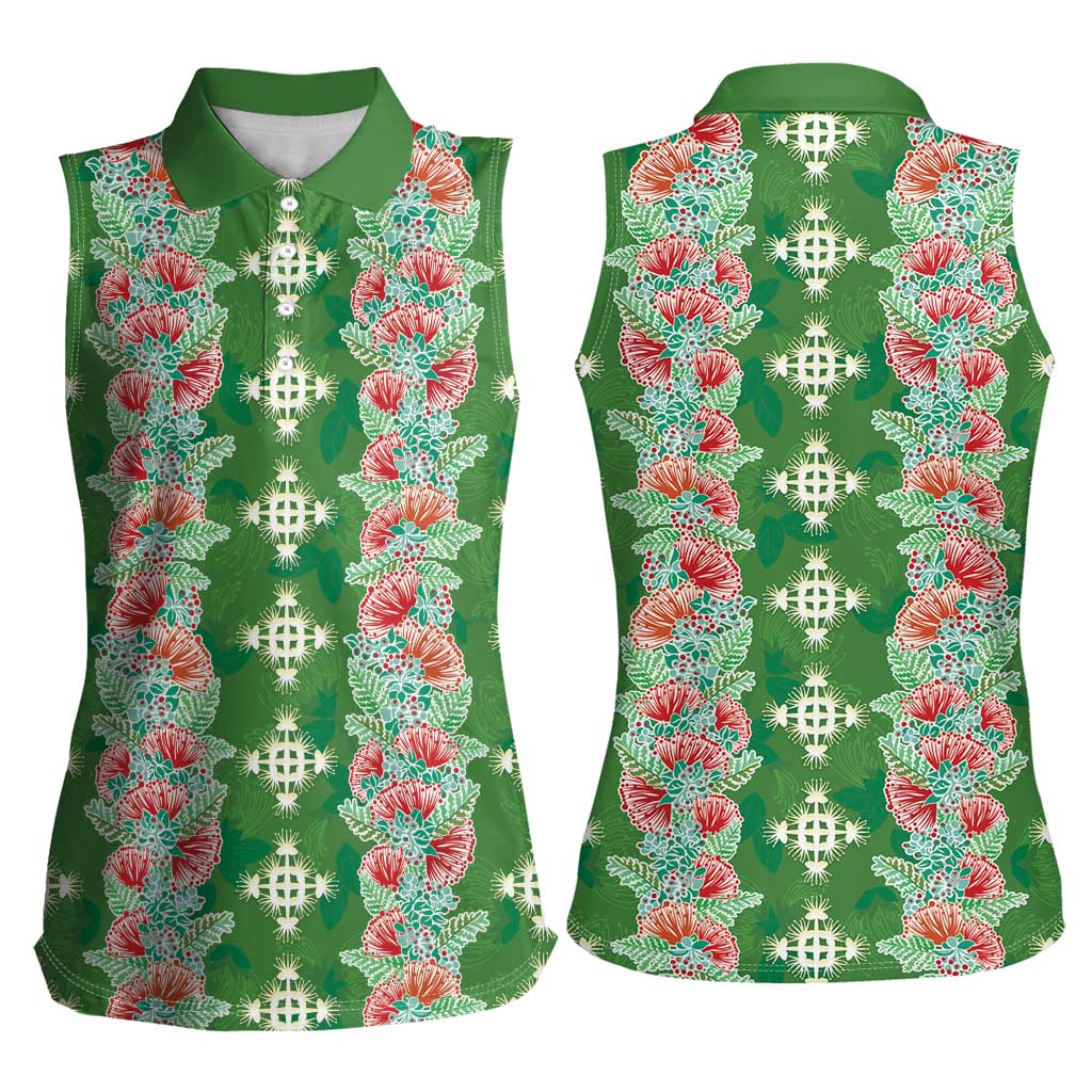 Hawaii Ohia Lehua Women Sleeveless Polo Shirt Tropical Vibes Green