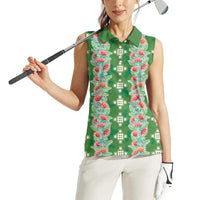 Hawaii Ohia Lehua Women Sleeveless Polo Shirt Tropical Vibes Green